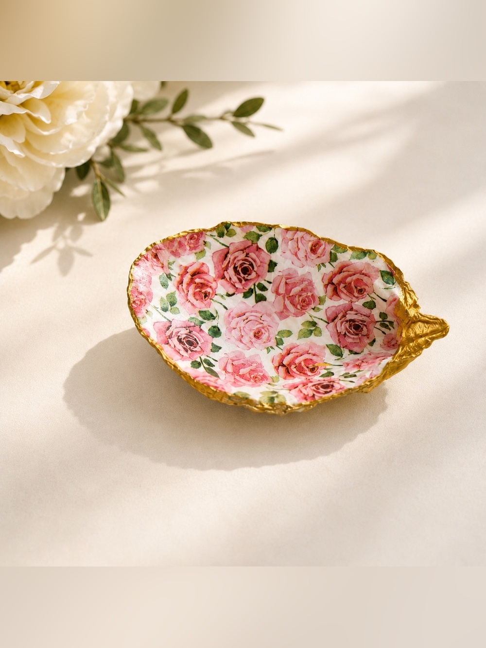 Floral Pink Rose Decorative Handmade by me Trinket Ouster Dish with Gold Rim